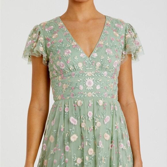 Mac Duggal Green Multicolor Embroidered V Neck Cap Sleeve Midi Dress 35104 - Picture 3 of 14